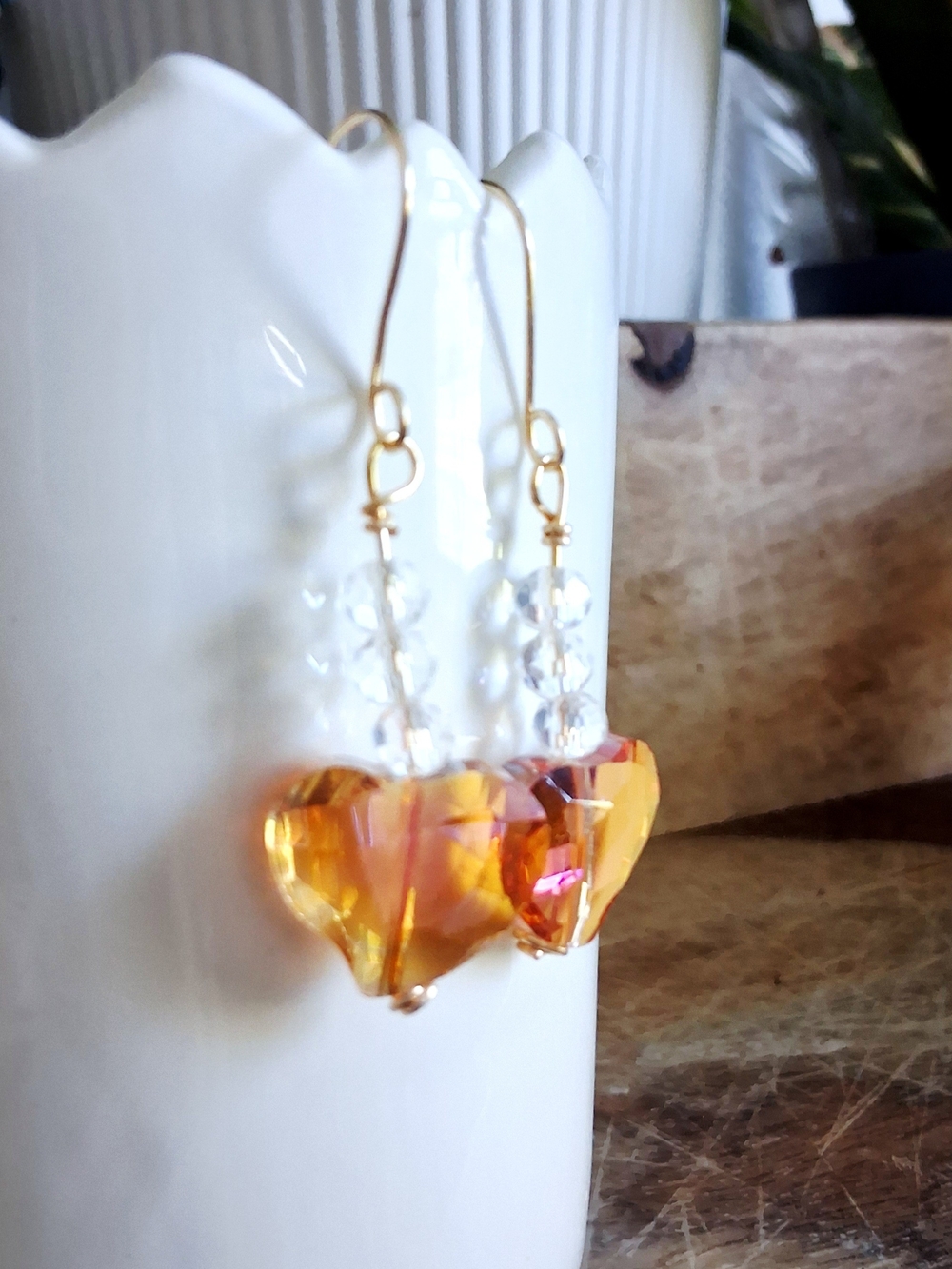 Gold-Tone Iridescent Orange Heart Drop Earrings - Picture 3 of 5